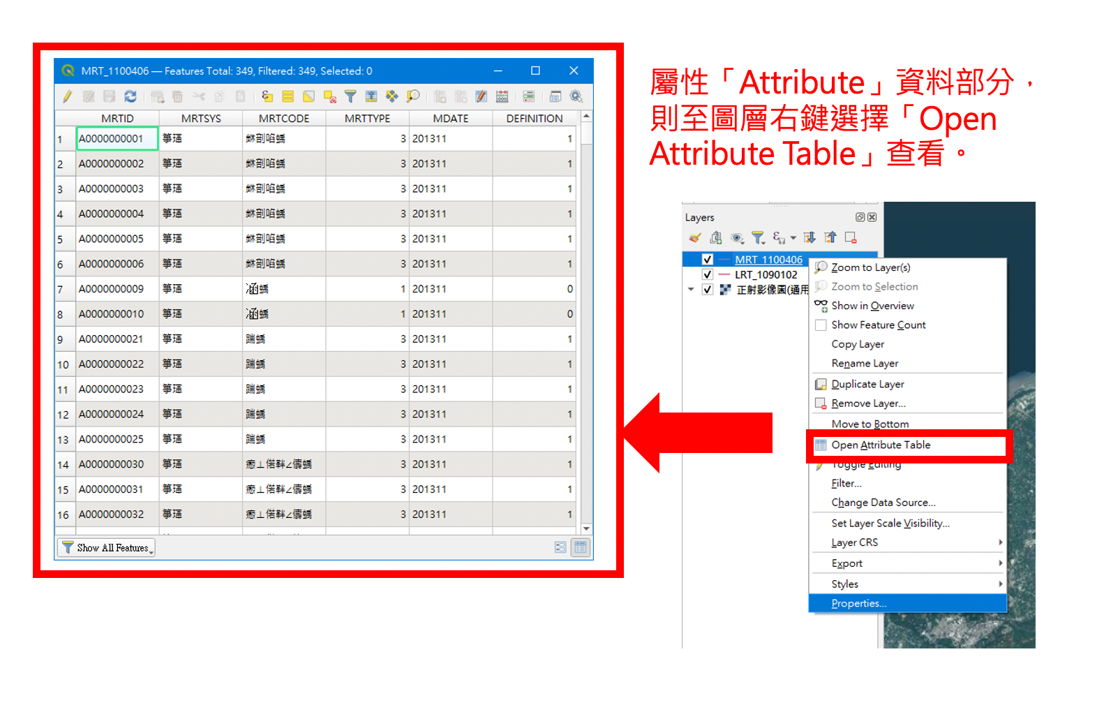 屬性「Attribute」資料部分，則至圖層右鍵選擇「Open Attribute Table」查看。