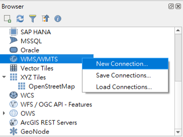 選擇「New Connection」開啟「Create a New WMS/WMTS Connection」視窗。