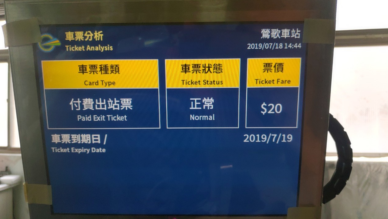 (旅客用螢幕顯示：單程票，本原型機設備外觀及操作介面尚在建置中，照片僅供參考。)