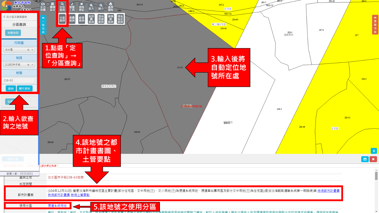 ▲圖說：土地使用分區查詢操作及介面說明（以新北市為例）