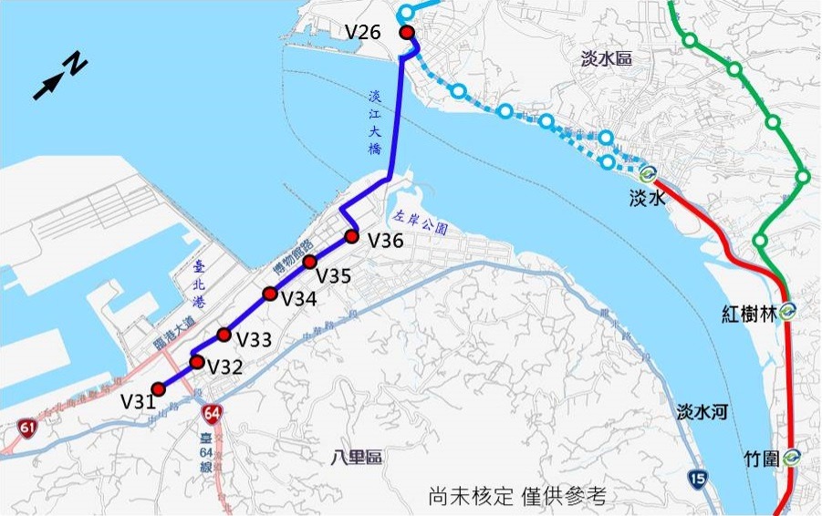 🔺八里輕軌預計路線圖，廖添丁廟約在V31站至V32站之間的位置（路線尚未核定，僅供參考）