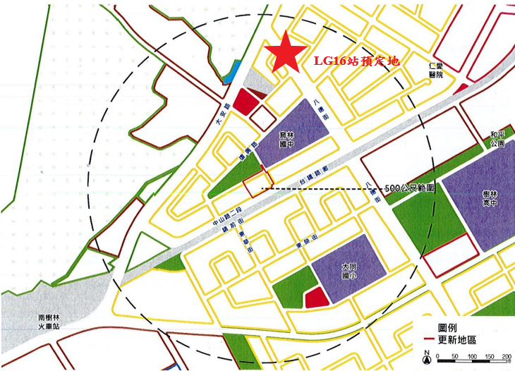 ▲圖說：都更區域與LG16站相對圖