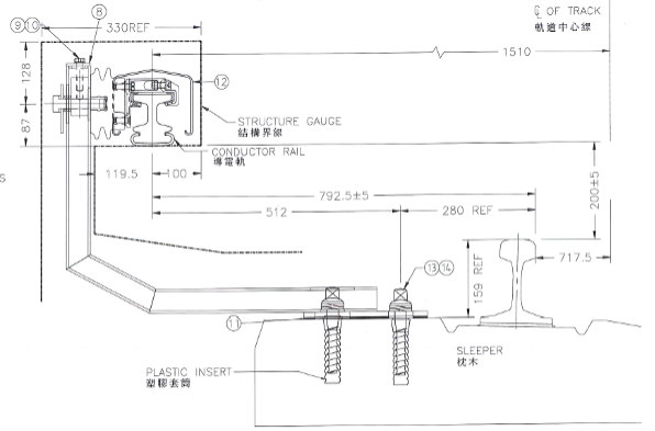 典型的導電軌安裝設計圖（來源：SYL-TK01-CAS-ETK-0003-0_導電軌系統設計計算書_0版）